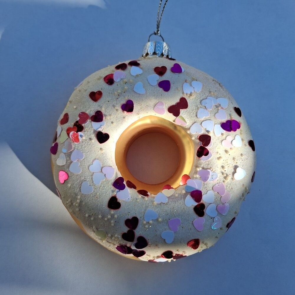 Glass Blown Donut Christmas Ornament 3.5” pink glitter Food Sprinkles